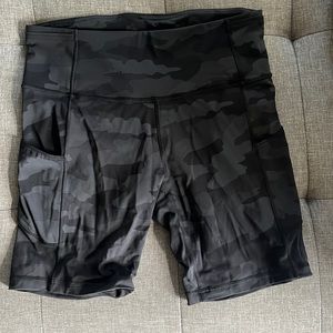Lululemon black camo biker shorts.